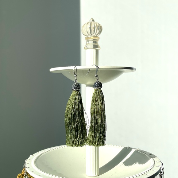 Green Tassel Drop Earrings With Gunmetal Bead - Picture 2 of 8